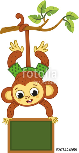 259x500 Cute Monkey On A Tree Swinging With A Board Vector Illustration