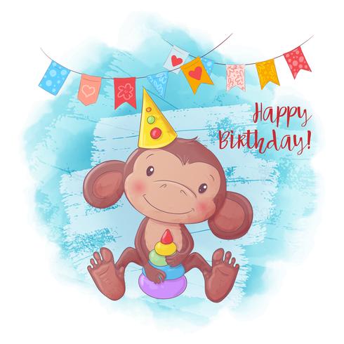 490x490 Cartoon Cute Monkey With A Pyramid Birthday Card Vector
