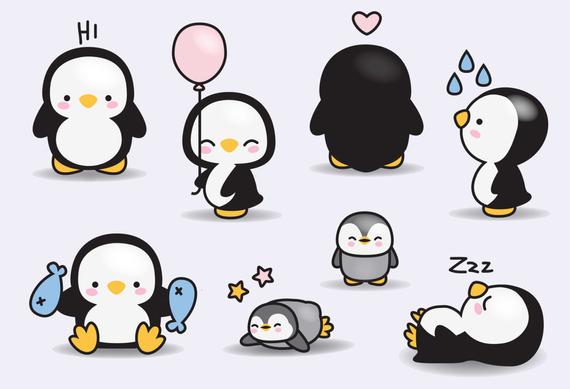 570x389 Premium Vector Clipart Kawaii Penguins Cute Penguins Etsy