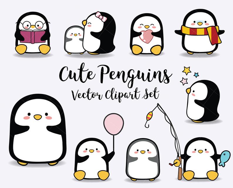 794x640 Vector Clipart Kawaii Penguins Kawaii Clipart Cute Etsy