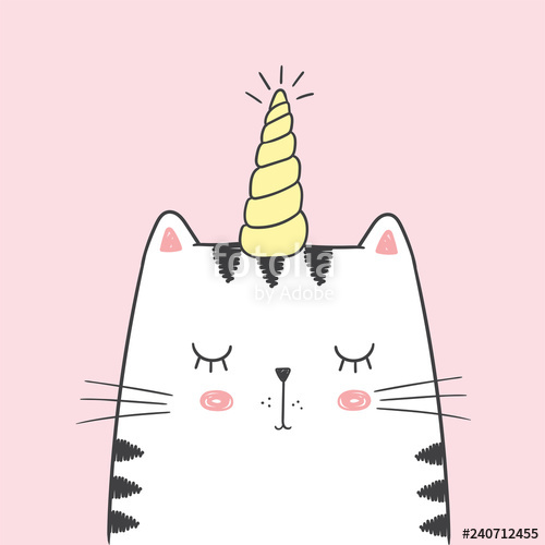 Cute Vector Illustration With White Cat With Unicorn Horn Drawn 500x500 Cute Vector Illustration With White Cat With Unicorn Horn Drawn
