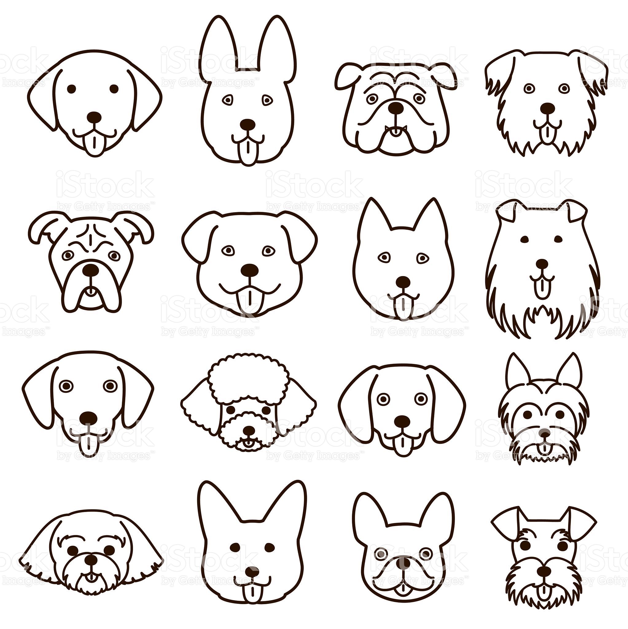 2045x2048 Cute Dogs Faces Line Art Set Stock Illustration