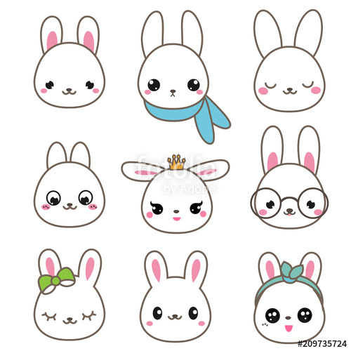 Cute Rabbits Bunny Faces In Kawaii Style Vector Icons Set Stock 500x500 Cute Rabbits Bunny Faces In Kawaii Style Vector Icons Set Stock