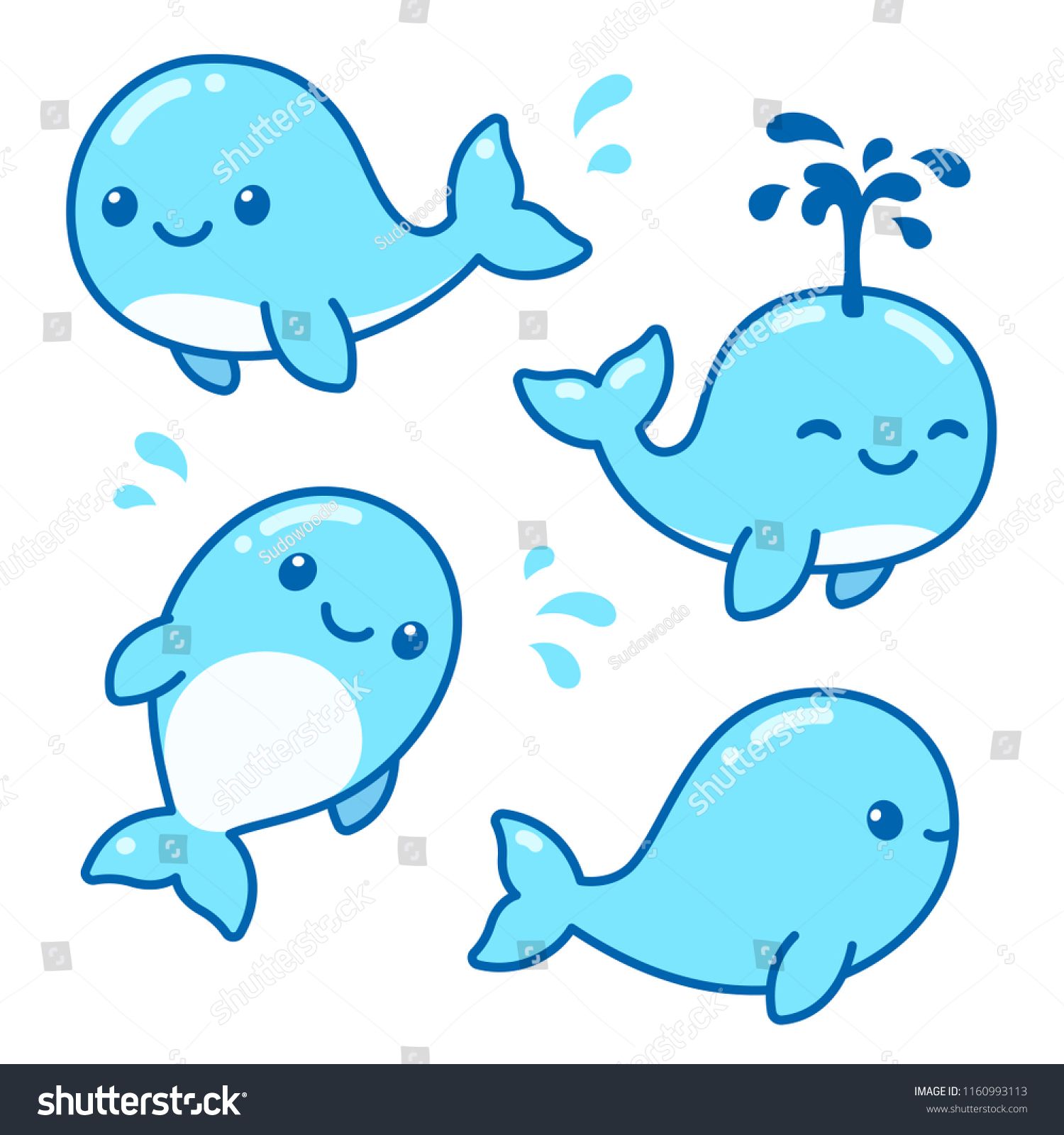 1500x1600 Cute Cartoon Whales Drawing Set Adorable Little Blue Whale Vector