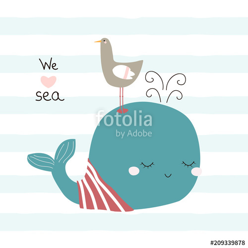 500x500 Cute Whale And Seagull With Slogan Vector Hand Drawn Illustration