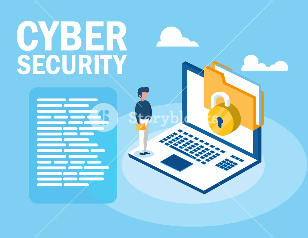 1000x775 Mini Man With Laptop And Cyber Security Vector Illustration Design