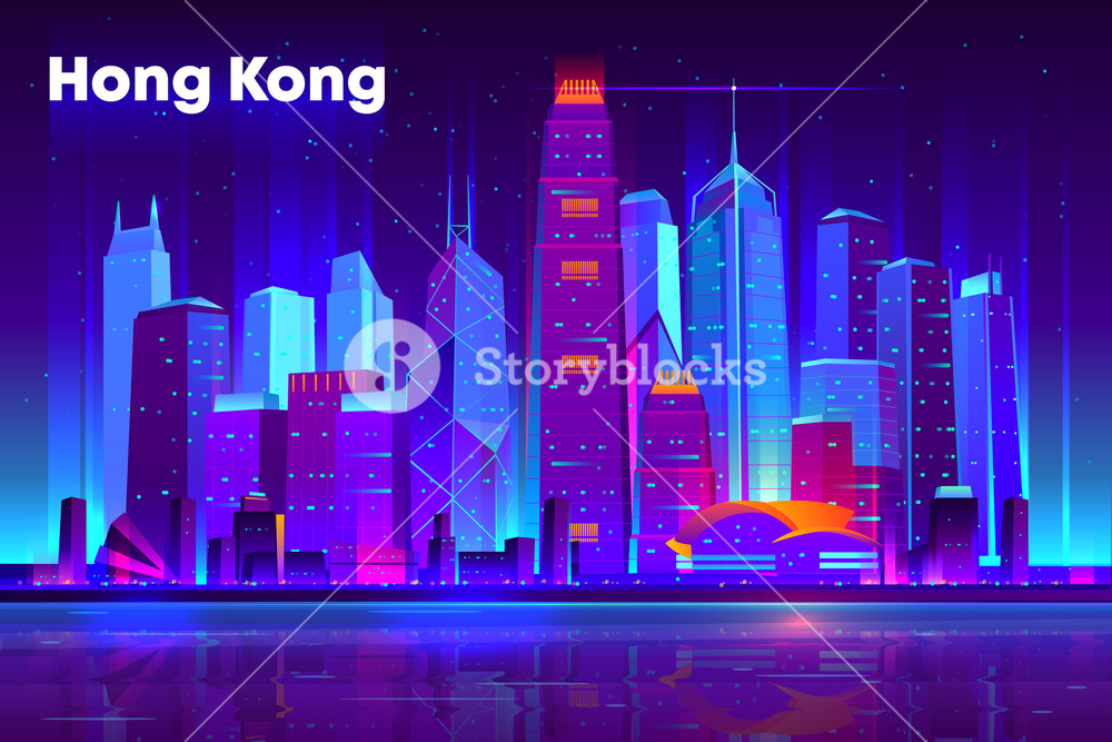 1000x667 Hong Kong City Nightlife Cartoon Vector Banner, Poster Template