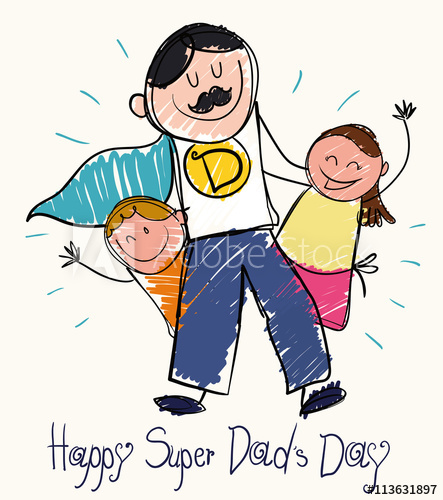 Father's Day Drawing With Children And Super Dad, Vector 443x500 Father's Day Drawing With Children And Super Dad, Vector