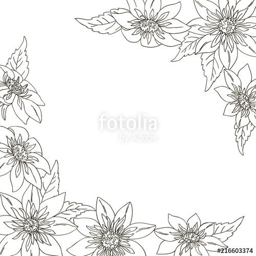 500x500 Vector Contour Dahlia Flower Leaf Coloring Book Corner Frame