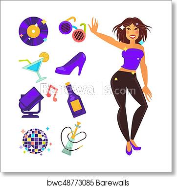 362x382 Party Night Club And Dancing Girl Vector Flat Icons, Art Print