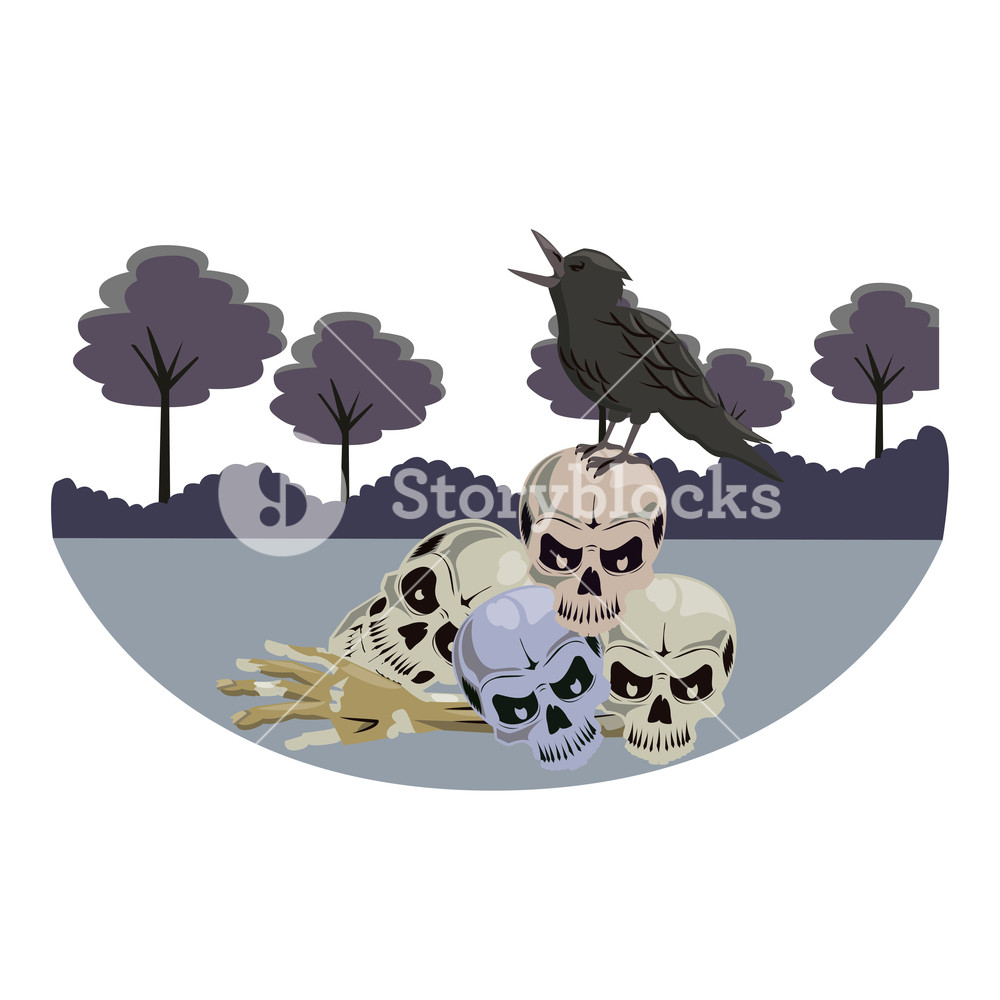 1000x1000 Halloween Skulls And Crow Scary Cartoons Dark Forest Vector
