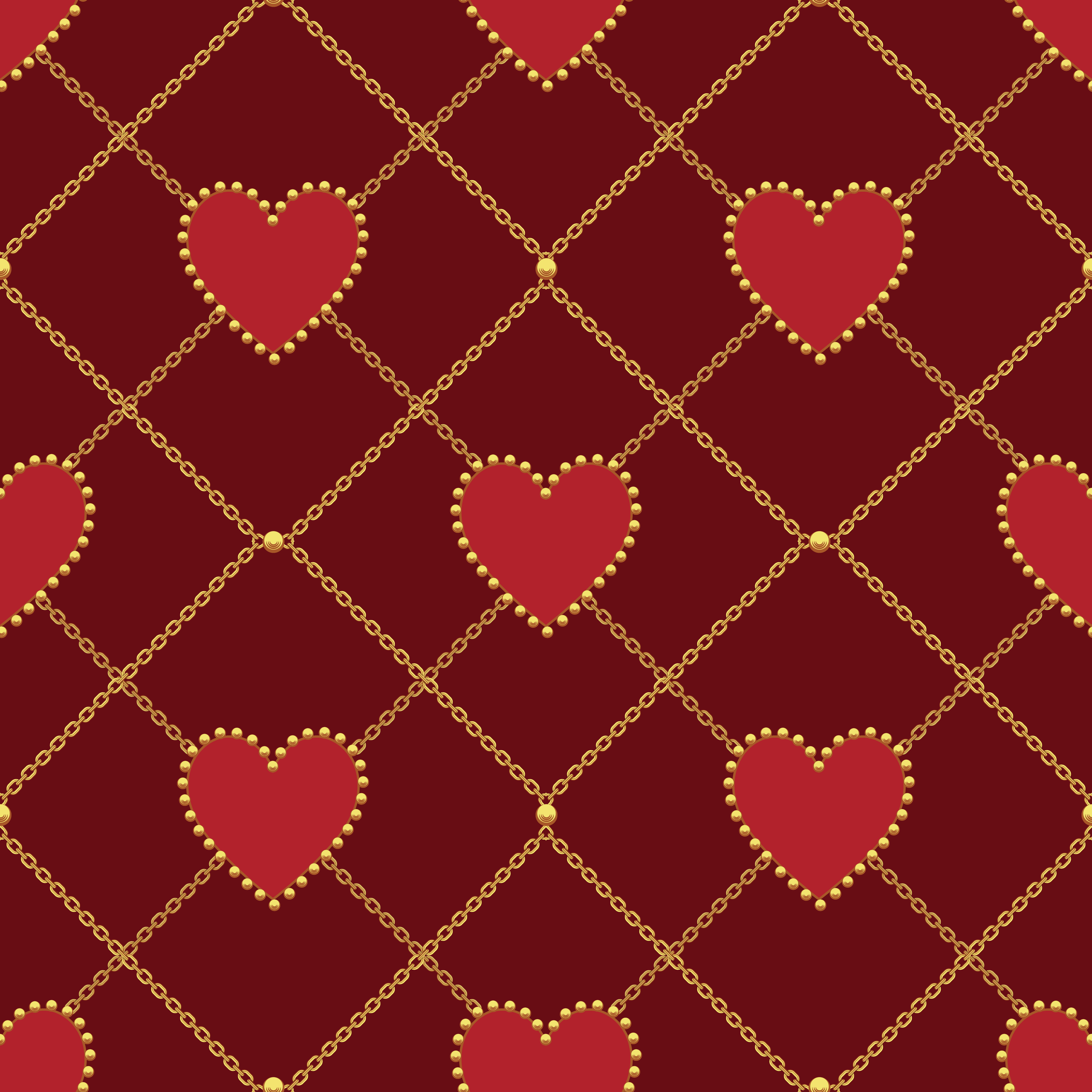 4500x4500 Heart Shape And Golden Chain On Dark Red Background Seamless