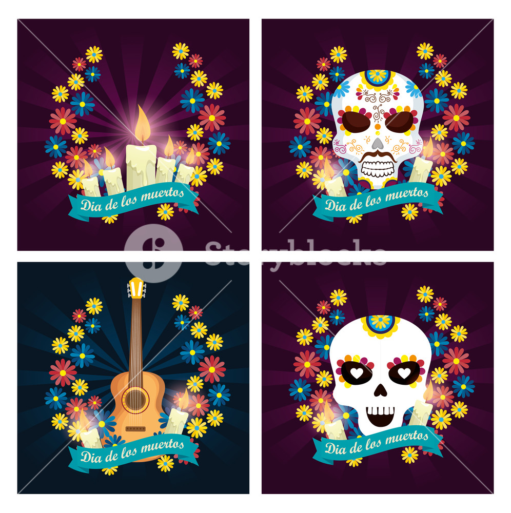 996x1000 Set Candles With Skulls And Guitar To Day Of The Dead Vector