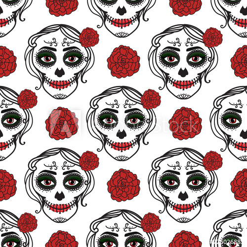 500x500 Catrina Woman With Make Up Of Sugar Skull Seamless Pattern Dia