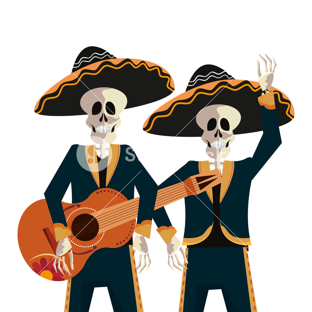 1000x1000 Two Skeleton With Guitar And Hat Day Of The Dead Vector