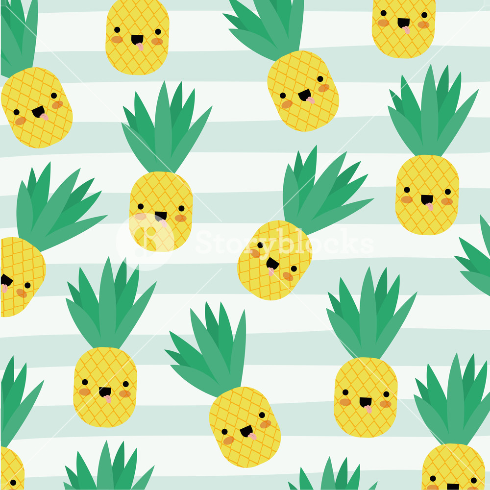 1000x1000 Pineapple Kawaii Fruits Pattern Set On Decorative Lines Color