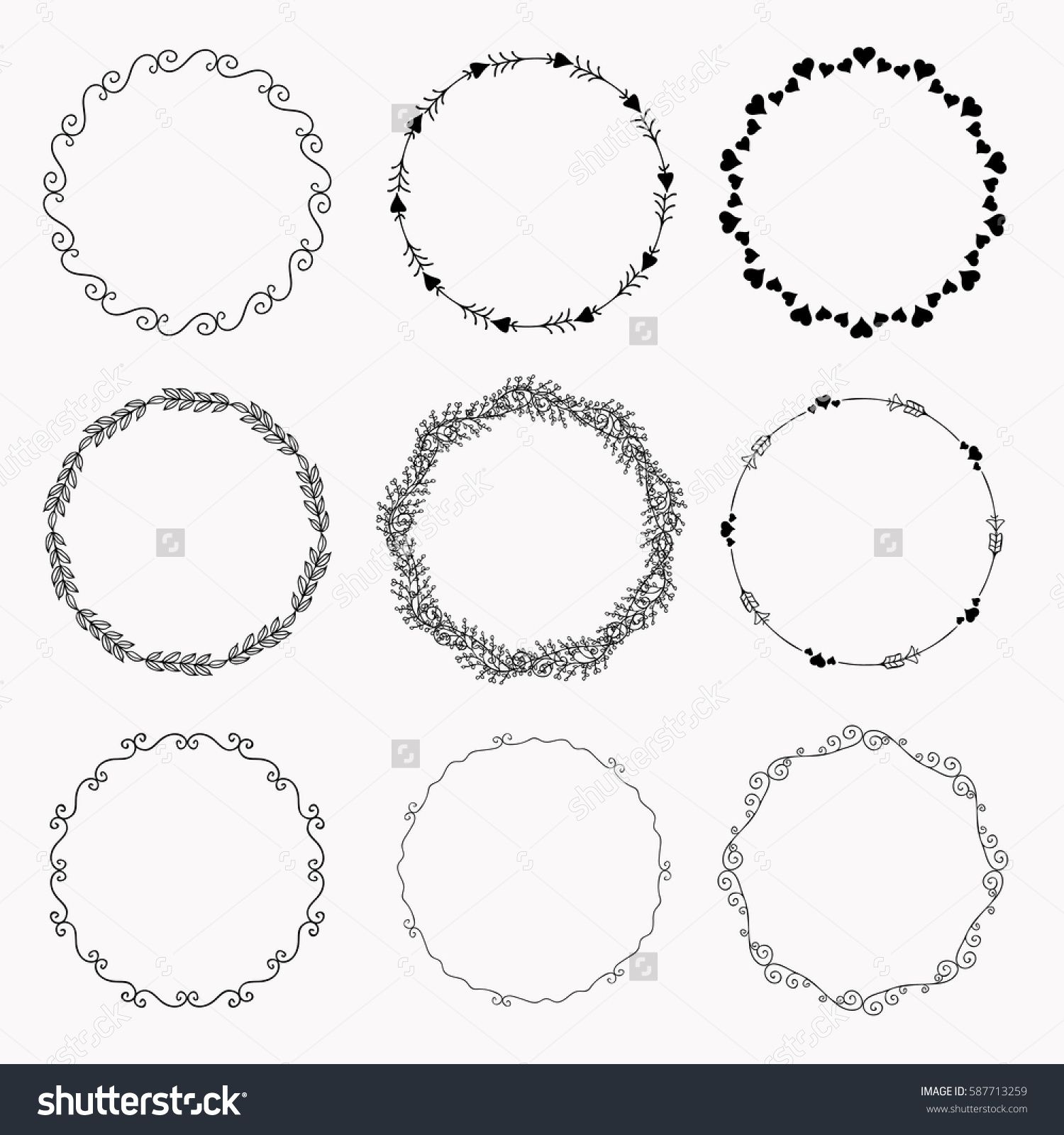 1500x1600 Set Of Hand Drawn Floral Circle Frames Doodles Style Vector