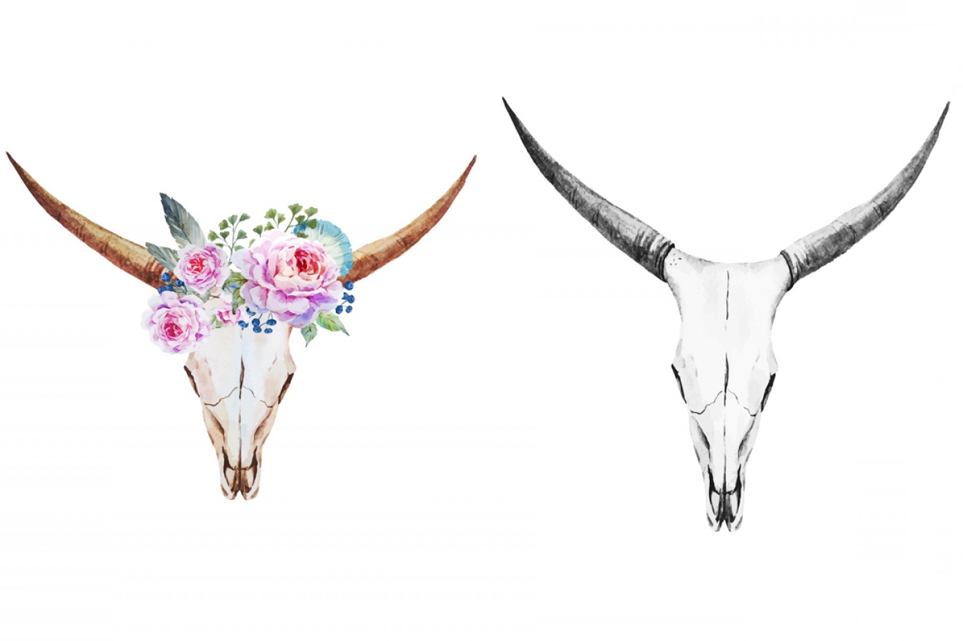 1392x927 Watercolor Bull And Deer Skulls Vector Soidergi