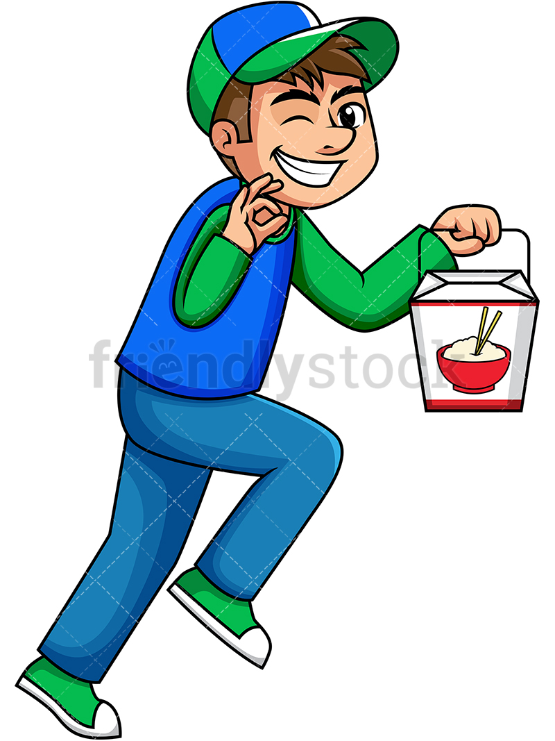 800x1067 Winking Asian Food Delivery Man Cartoon Vector Clipart