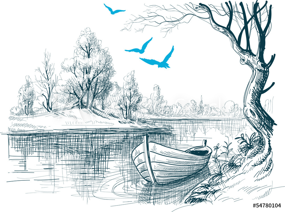 1000x744 Fotografie, Obraz Boat On River Delta Vector Sketch Posters Cz