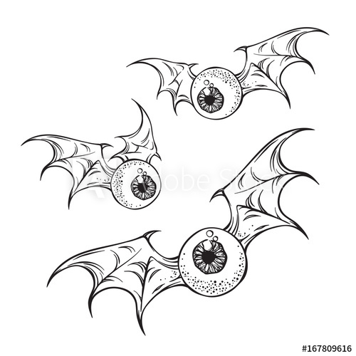 Flying Eyeballs With Creepy Demon Wings Hand Drawn Black And White 500x500 Flying Eyeballs With Creepy Demon Wings Hand Drawn Black And White