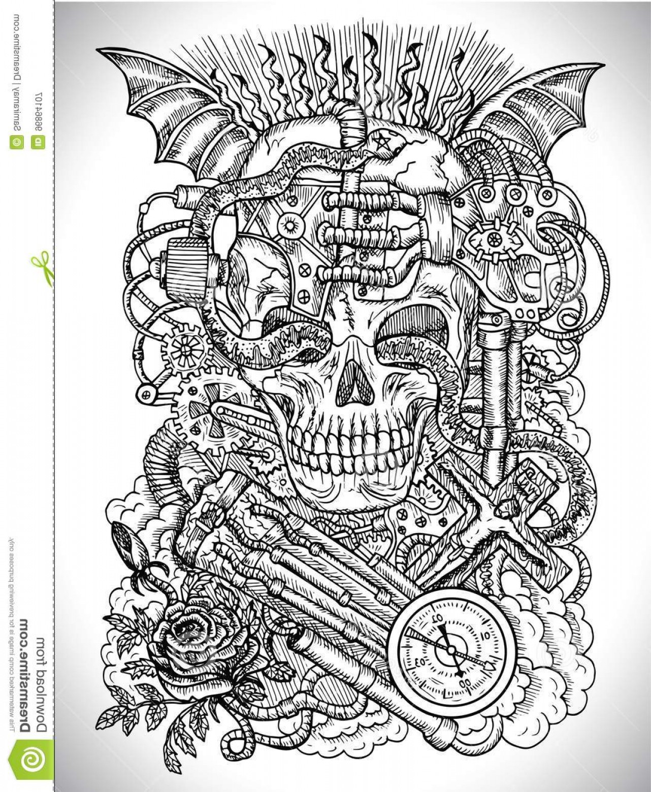 Stock Illustration Black White Drawing Scary Skull Steampunk 1282x1560 Stock Illustration Black White Drawing Scary Skull Steampunk