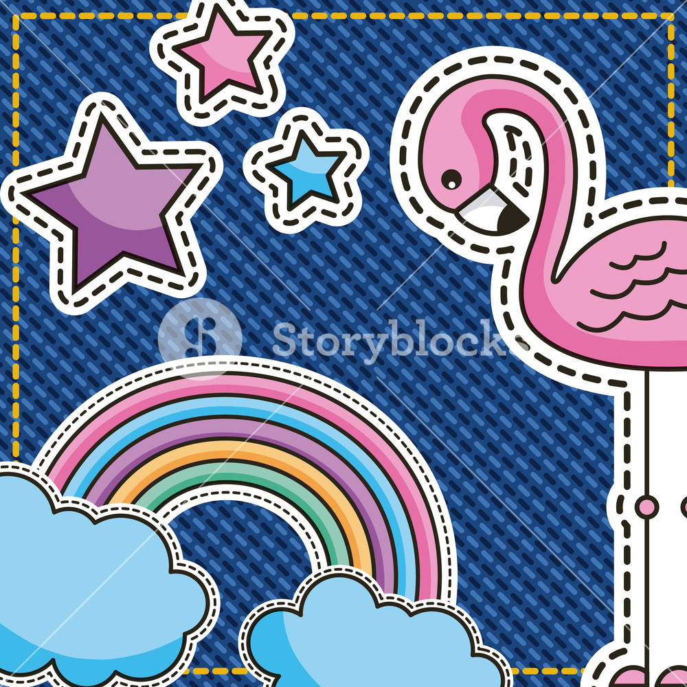 1000x1000 Cute Patches Flamingo Rainbow Clouds And Star On Denim Vector