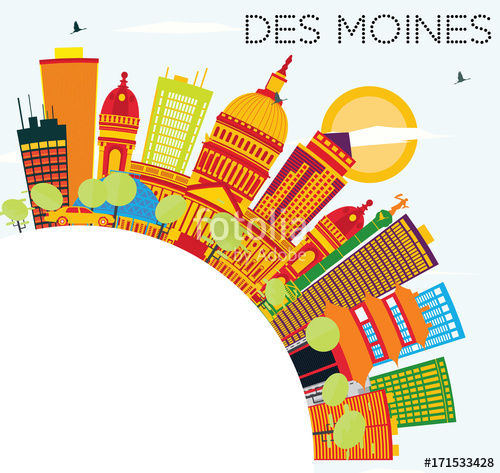 500x473 Des Moines Skyline With Color Buildings, Blue Sky And Copy Space