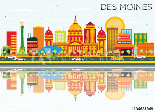 500x362 Des Moines Skyline With Color Buildings, Blue Sky And Reflection
