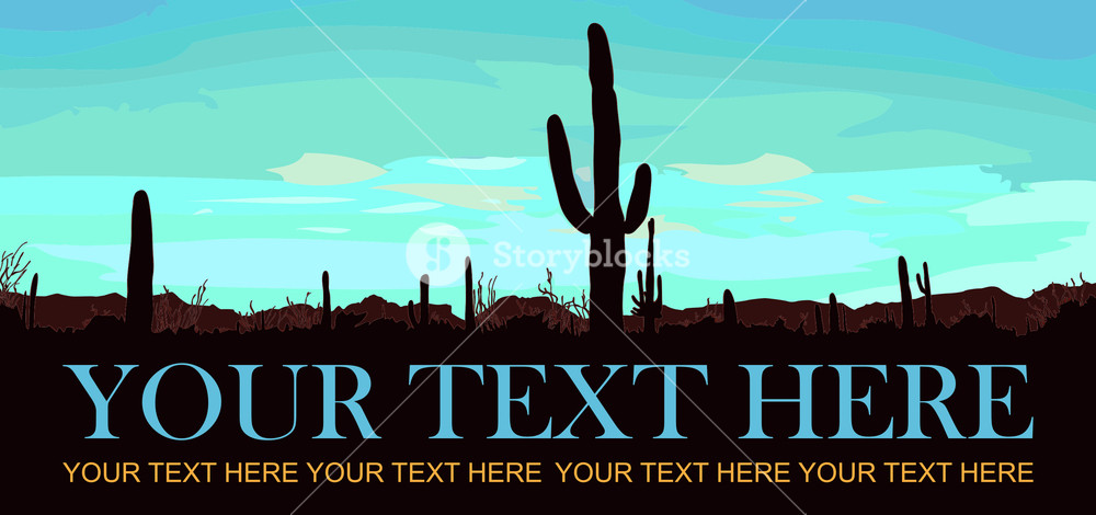 1000x470 Desert Landscape With Cactus Vector Illustration Royalty Free