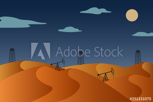 Oil Derricks And Pumpjacks In Night Desert Vector Illustration 500x334 Oil Derricks And Pumpjacks In Night Desert Vector Illustration