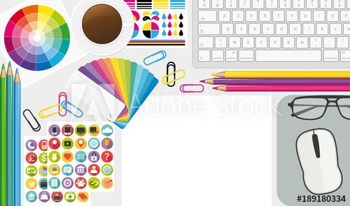 500x294 Creative Workplace Top View Artist Desktop Vector Illustration