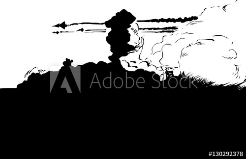 500x324 Outline Of Jet Fighters Over Destroyed City