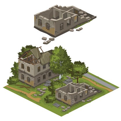 416x416 Several Destroyed Buildings And Trees, Vector City Premium Clipart