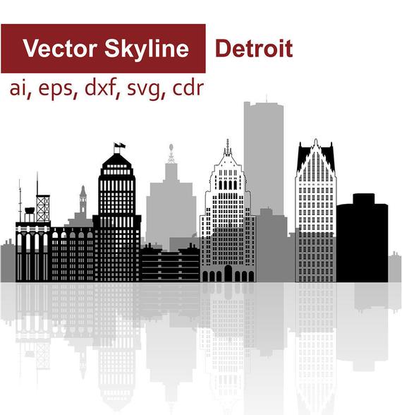 570x588 Detroit Skyline Detroit Vector Panorama Michigan Etsy