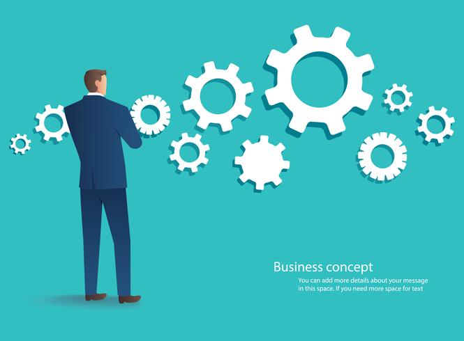 665x490 Standing Businessman With Cogs Wheel Background Business Concept