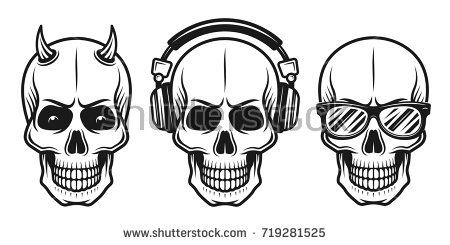 450x245 Set Of Three Skulls With Sunglasses, Headphones And Devil Horns