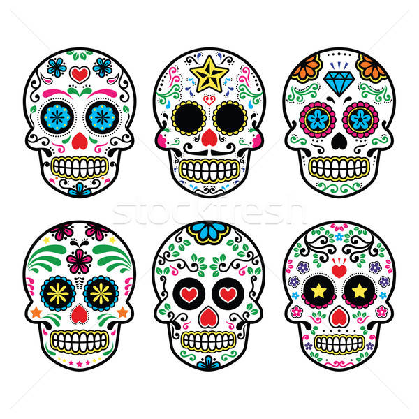 600x600 Mexican Sugar Skull, Dia De Los Muertos Icons Set On White