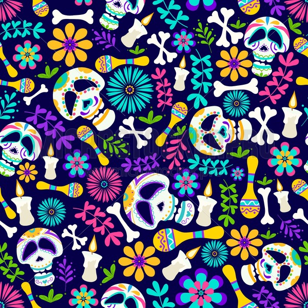 600x600 Day Of The Dead Seamless Pattern With Candles, Flowers, Skeleton