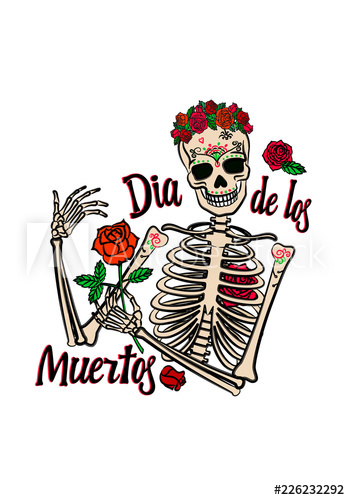 350x500 Color Graphic Of Human Woman Skeleton With Smiling Skull, Holding