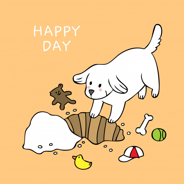 626x626 Cartoon Cute Happy White Dog Dig Ground And Toy Vector Vector