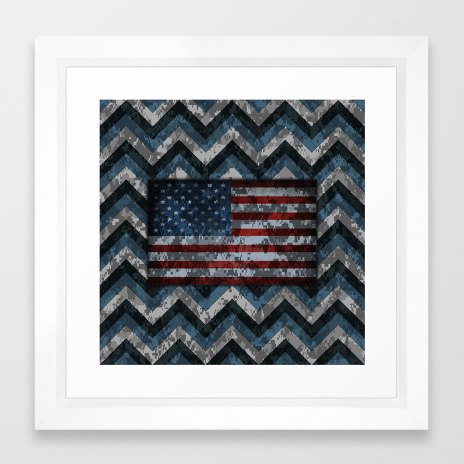 1500x1500 Blue Military Digital Camo Pattern With American Flag Framed Art