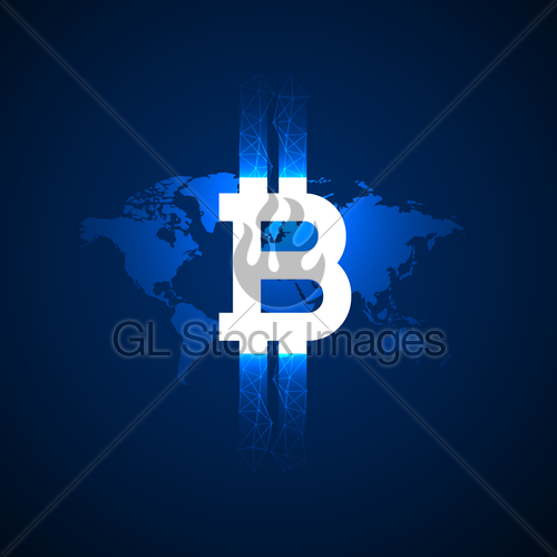500x500 Digital Bitcoin Symbol Above World Map Vector Background Gl