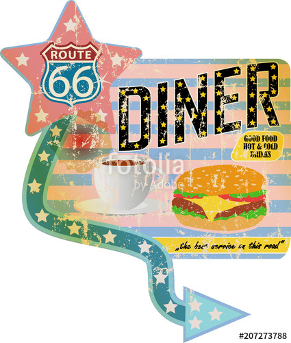 Grungy Retro Route Diner Sign, Vintage Advertising Signage 425x500 Grungy Retro Route Diner Sign, Vintage Advertising Signage
