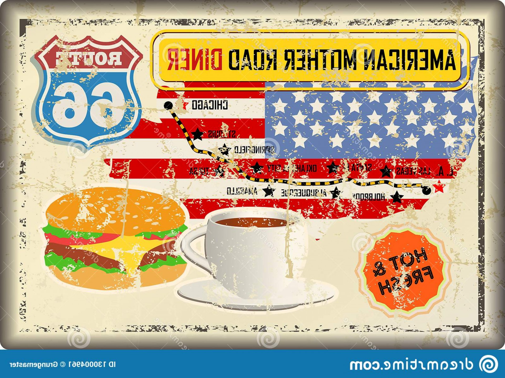 1920x1437 Grungy Route Diner Sign Road Map Retro Vector Illustration