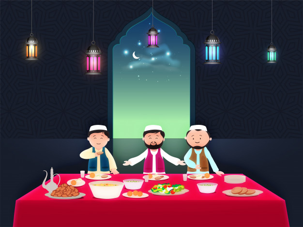 626x469 Iftar Party Background With Islamic Men On Dining Table Vector