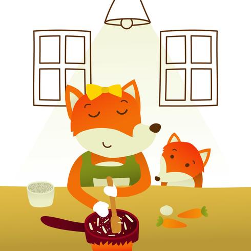 490x490 Mom And Baby Fox Cooking Dinner Vector Illustration