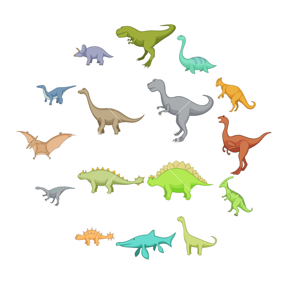 1000x1000 Different Dinosaurs Icons Set Cartoon Illustration