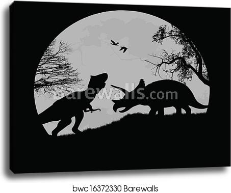 453x379 Dinosaurs Vector Silhouettes In Front A Full Moon, Canvas Print