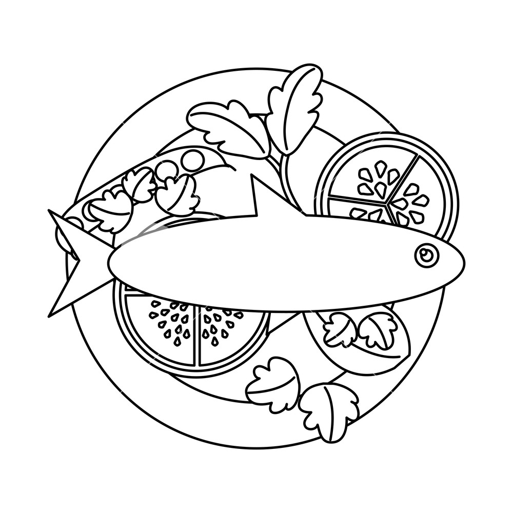 1000x1000 Fish Tomato Cucumber Food Healthy In Dish Vector Illustration